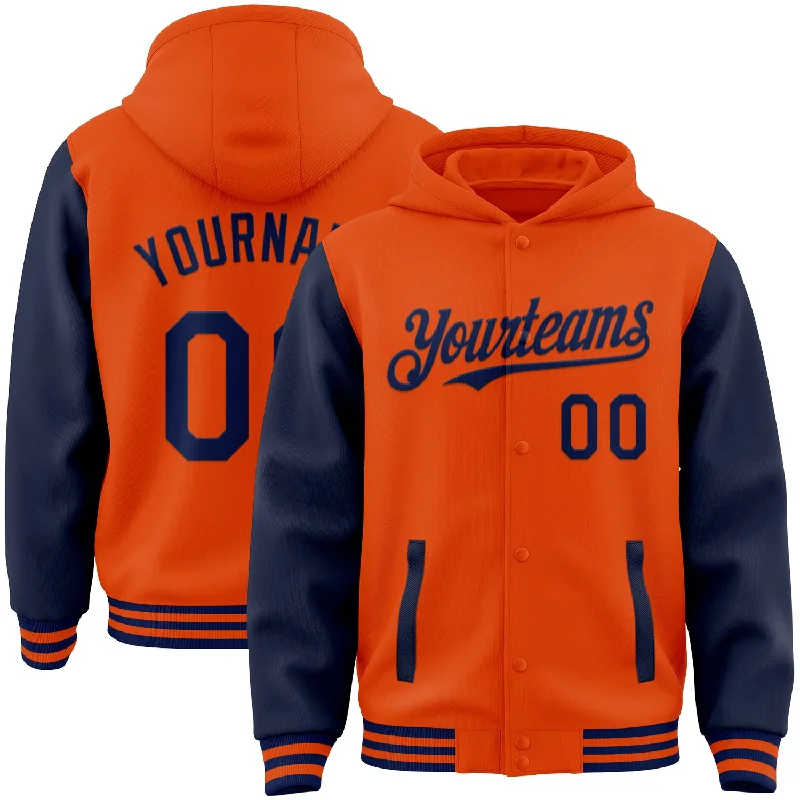 Fishing reel spool adjuster-Custom Orange Navy Bomber Full-Snap Varsity Letterman Two Tone Hoodie Jacket