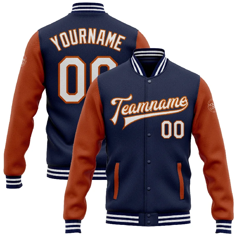 Fishing line knot clamp-Custom Navy White-Texas Orange Bomber Full-Snap Varsity Letterman Two Tone Jacket