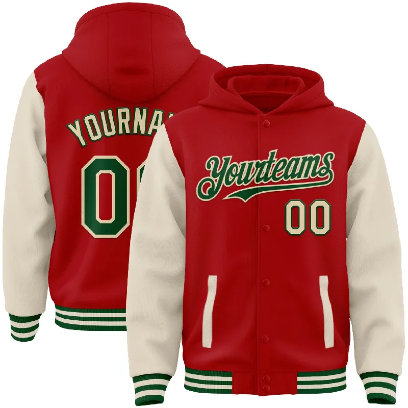 Fishing reel line stand-Custom Red Green-Cream Bomber Full-Snap Varsity Letterman Two Tone Hoodie Jacket