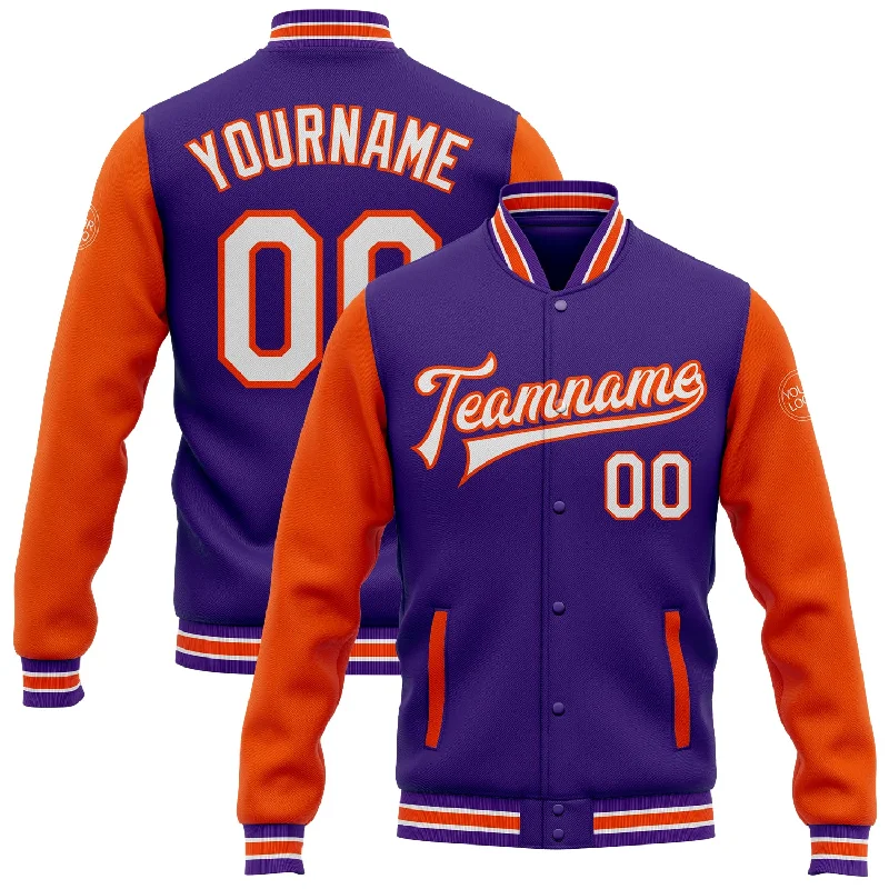 Fishing reel spool rack-Custom Purple White-Orange Bomber Full-Snap Varsity Letterman Two Tone Jacket