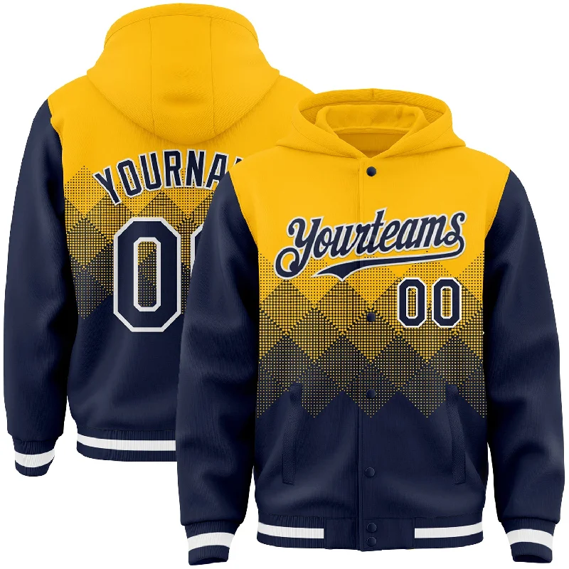 Fishing reel drag rack-Custom Gold Navy-White Gradient Square Shape 3D Pattern Design Bomber Full-Snap Varsity Letterman Hoodie Jacket