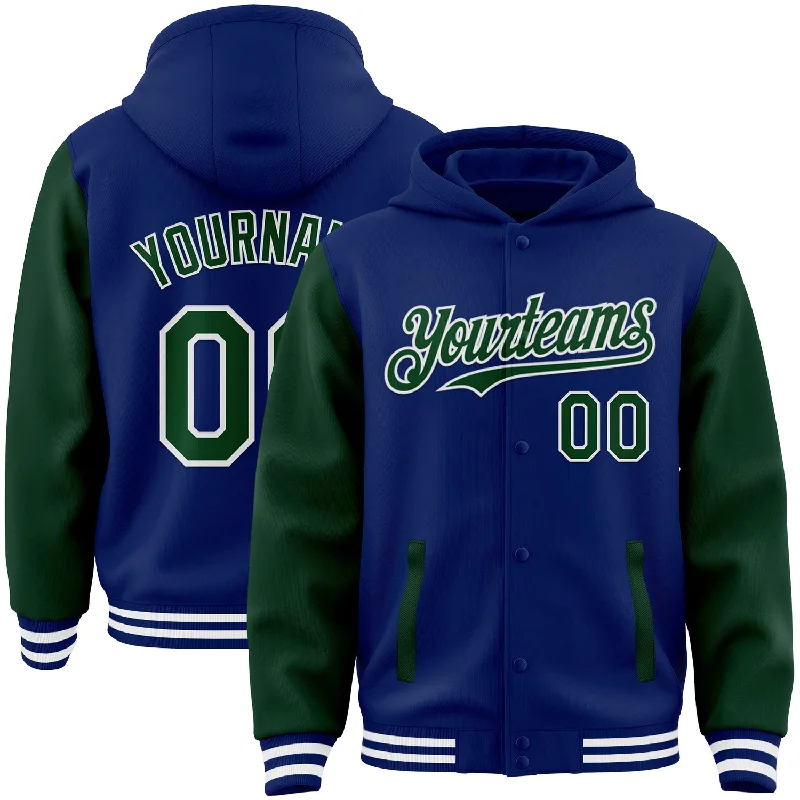 Fishing bait cutting holder-Custom Royal Green-White Bomber Full-Snap Varsity Letterman Two Tone Hoodie Jacket