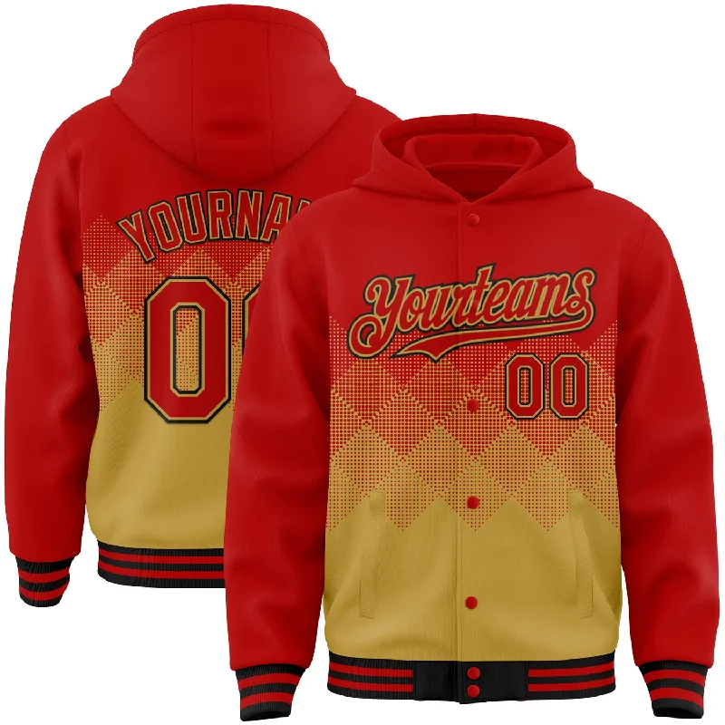 Fishing hook threading rack-Custom Red Old Gold-Black Gradient Square Shape 3D Pattern Design Bomber Full-Snap Varsity Letterman Hoodie Jacket