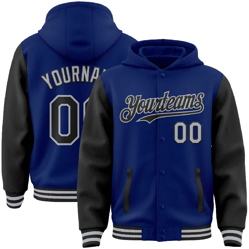 Fishing bait mixing clamp-Custom Royal Black-Gray Bomber Full-Snap Varsity Letterman Two Tone Hoodie Jacket