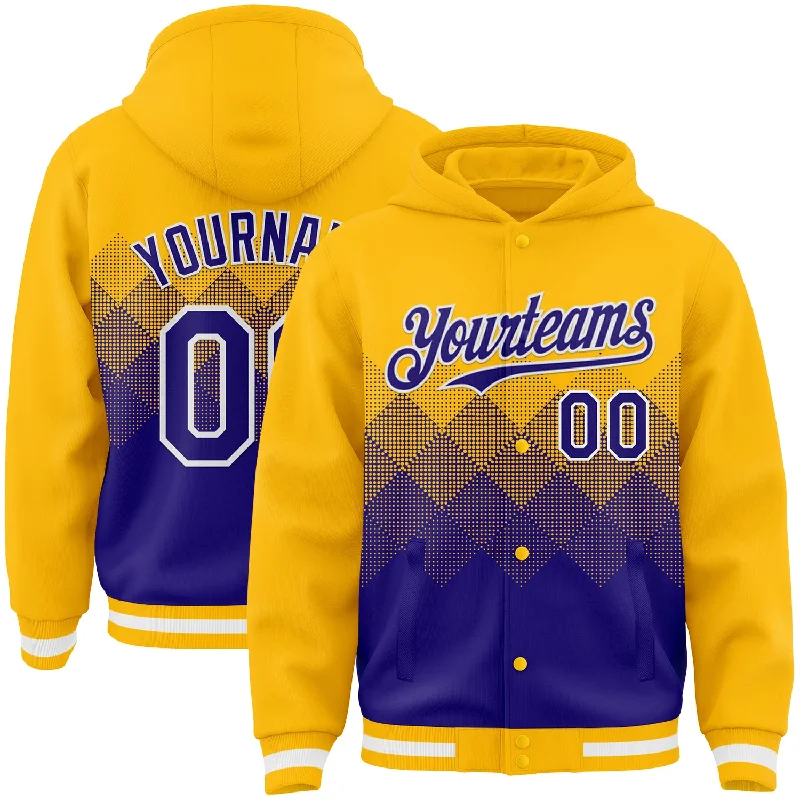 Fishing rod display rack-Custom Gold Dark Purple-White Gradient Square Shape 3D Pattern Design Bomber Full-Snap Varsity Letterman Hoodie Jacket