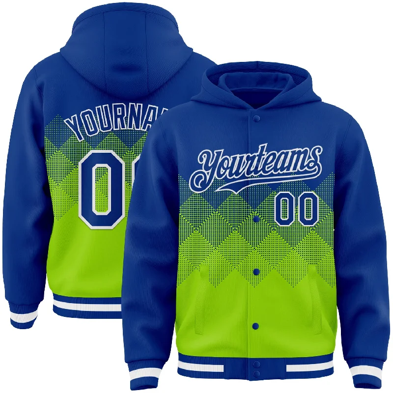 Fishing bait slicing holder-Custom Royal Neon Green-White Gradient Square Shape 3D Pattern Design Bomber Full-Snap Varsity Letterman Hoodie Jacket