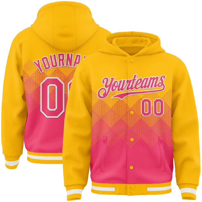 Fishing tackle waterproof rack-Custom Gold Neon Pink-White Gradient Square Shape 3D Pattern Design Bomber Full-Snap Varsity Letterman Hoodie Jacket