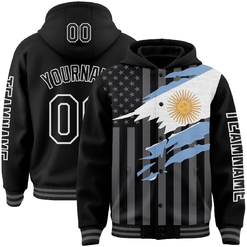 Fishing line knot clamp-Custom Black Gray-White Argentina Argentinian Flag 3D Bomber Full-Snap Varsity Letterman Hoodie Jacket