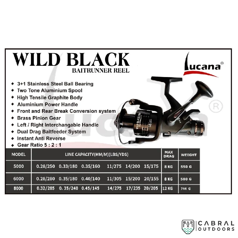 Fishing line knotting rack-Lucana Wild Black Baitrunner 5000-8000 Reels