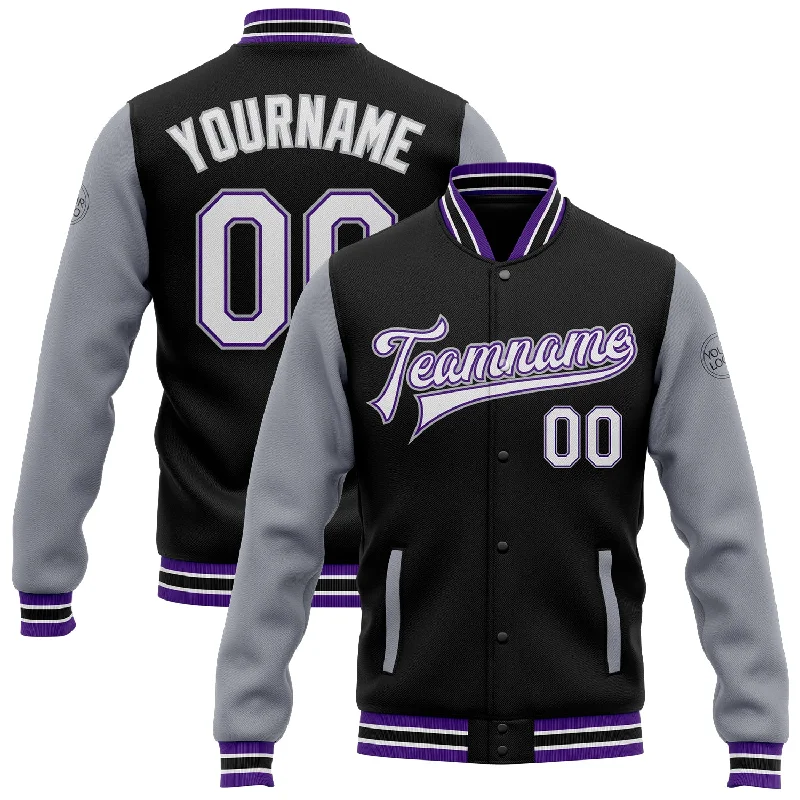 Fishing line loop rack-Custom Black White Purple-Gray Bomber Full-Snap Varsity Letterman Two Tone Jacket