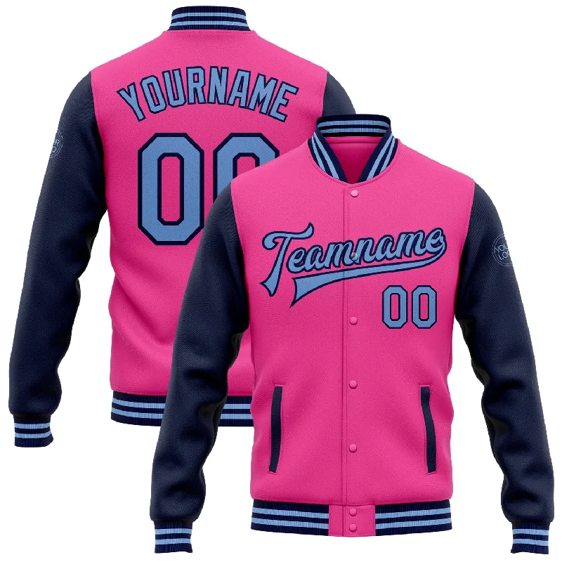 Fishing line splicing rack-Custom Pink Light Blue-Navy Bomber Full-Snap Varsity Letterman Two Tone Jacket