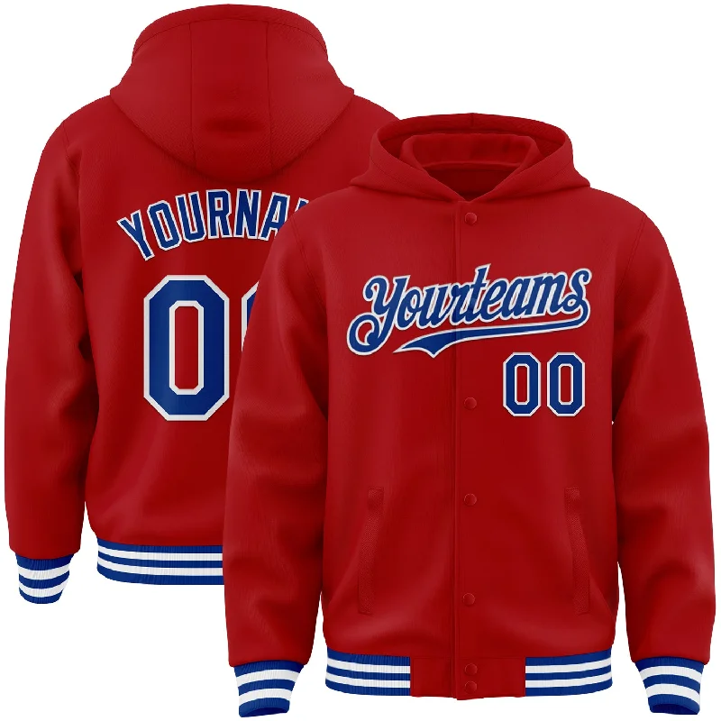 Fishing reel line clamp-Custom Red Royal-White Bomber Full-Snap Varsity Letterman Hoodie Jacket