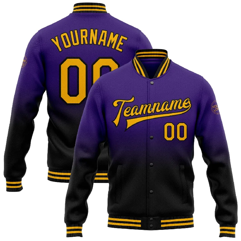 Fishing pliers with jaw rack-Custom Purple Gold-Black Bomber Full-Snap Varsity Letterman Fade Fashion Jacket