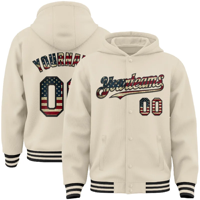 Fishing bait freezing clamp-Custom Cream Vintage USA Flag-Black Bomber Full-Snap Varsity Letterman Hoodie Jacket