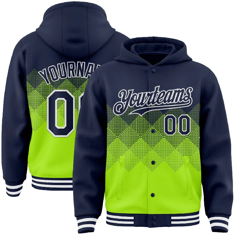 Fishing rod stabilizing holder-Custom Navy Neon Green-White Gradient Square Shape 3D Pattern Design Bomber Full-Snap Varsity Letterman Hoodie Jacket