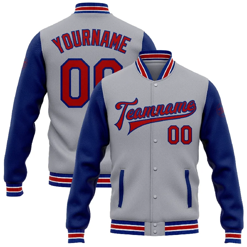 Fishing line loop rack-Custom Gray Red-Royal Bomber Full-Snap Varsity Letterman Two Tone Jacket