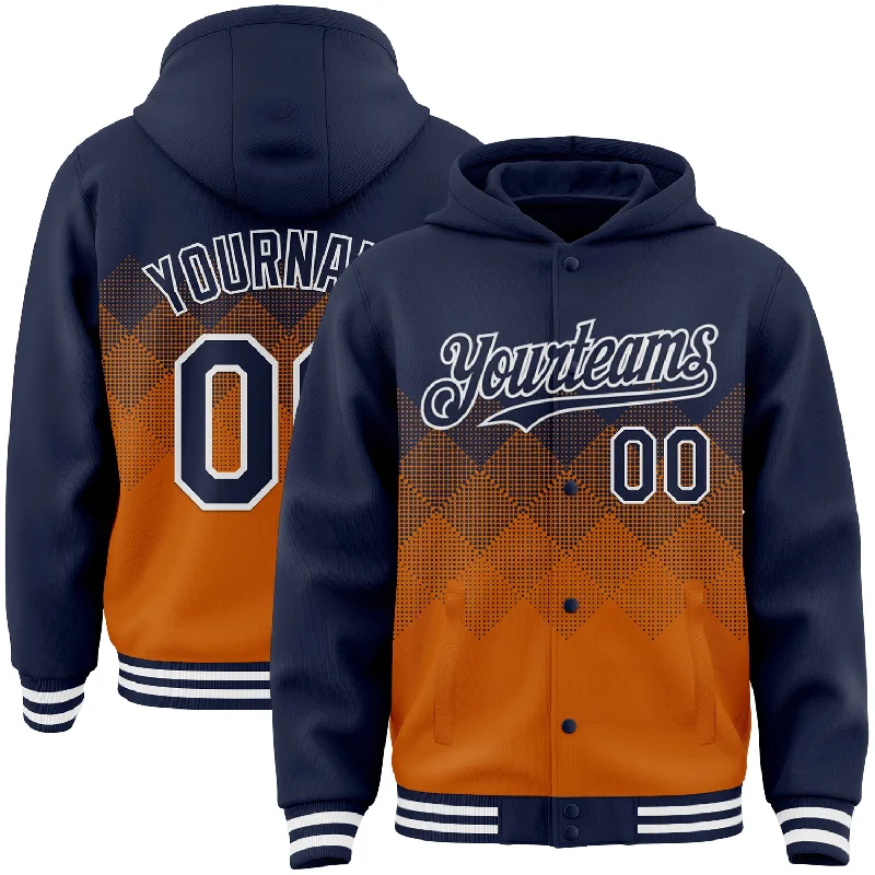 Fishing hook angle clamp-Custom Navy Texas Orange-White Gradient Square Shape 3D Pattern Design Bomber Full-Snap Varsity Letterman Hoodie Jacket