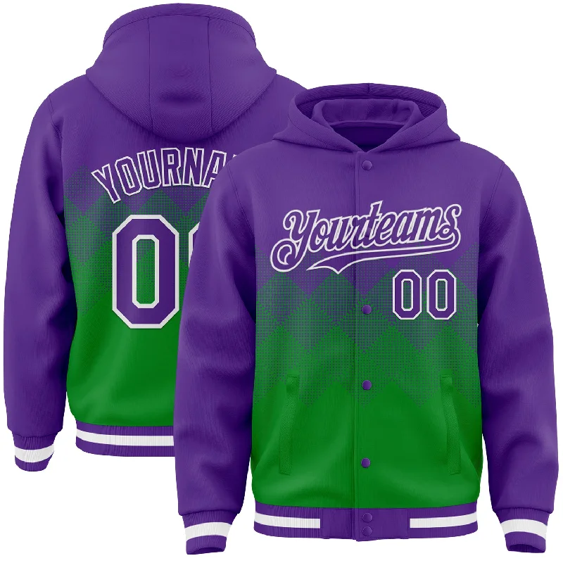 Fishing reel line stand-Custom Purple Grass Green-White Gradient Square Shape 3D Pattern Design Bomber Full-Snap Varsity Letterman Hoodie Jacket