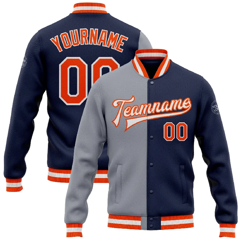 Fishing line twisting stand-Custom Navy Orange-Gray Bomber Full-Snap Varsity Letterman Split Fashion Jacket