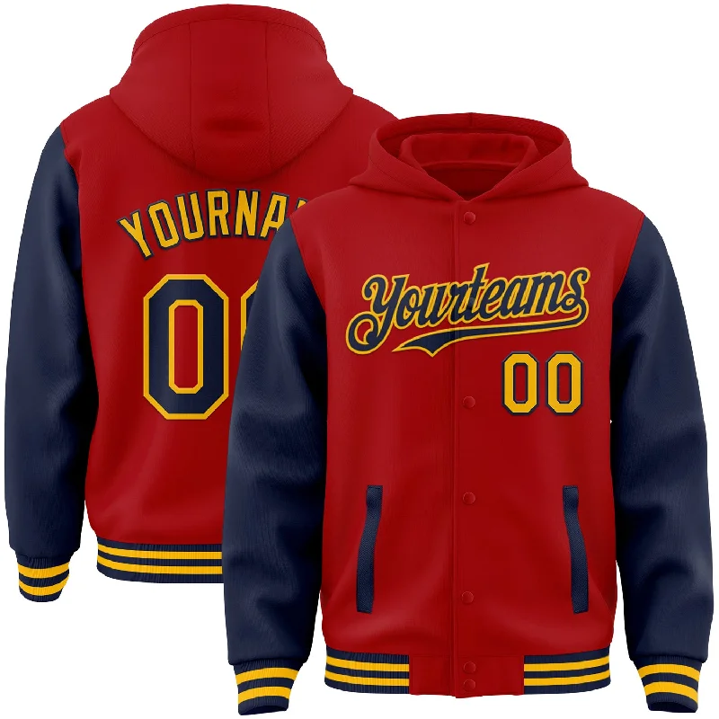 Fishing hook alignment rack-Custom Red Navy-Gold Bomber Full-Snap Varsity Letterman Two Tone Hoodie Jacket