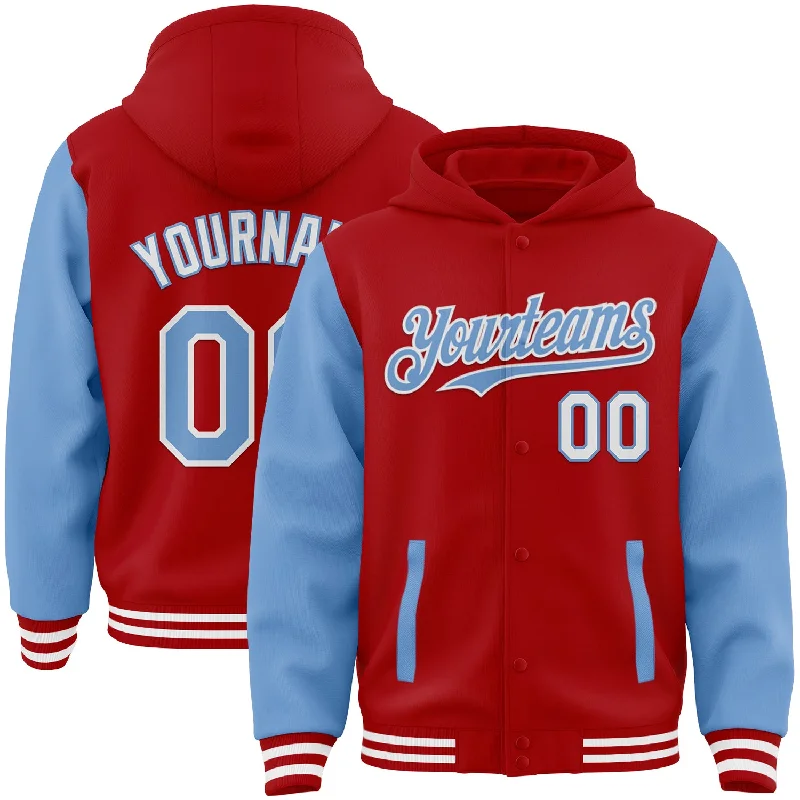 Fishing line splicing rack-Custom Red Light Blue-White Bomber Full-Snap Varsity Letterman Two Tone Hoodie Jacket