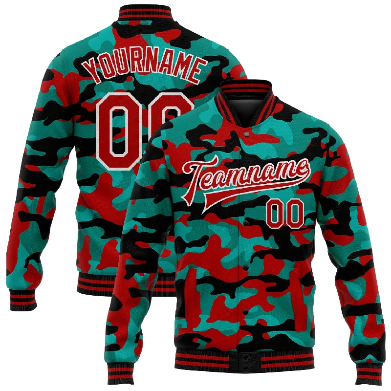 Fishing hook tension stand-Custom Camo Red-White Fluorescent Camouflage 3D Bomber Full-Snap Varsity Letterman Salute To Service Jacket