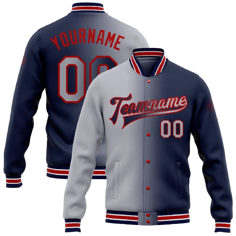 Fishing rod angle rack-Custom Navy Gray-Red Bomber Full-Snap Varsity Letterman Gradient Fashion Jacket