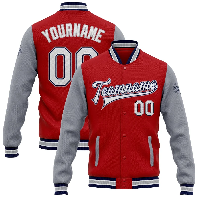 Fishing bait slicing rack-Custom Red White Navy-Gray Bomber Full-Snap Varsity Letterman Two Tone Jacket