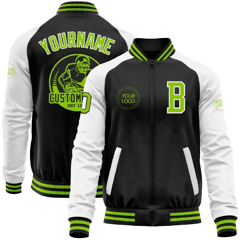 Fishing tackle foldable rack-Custom Black Neon Green-White Bomber Varsity Letterman Two Tone Zipper Jacket