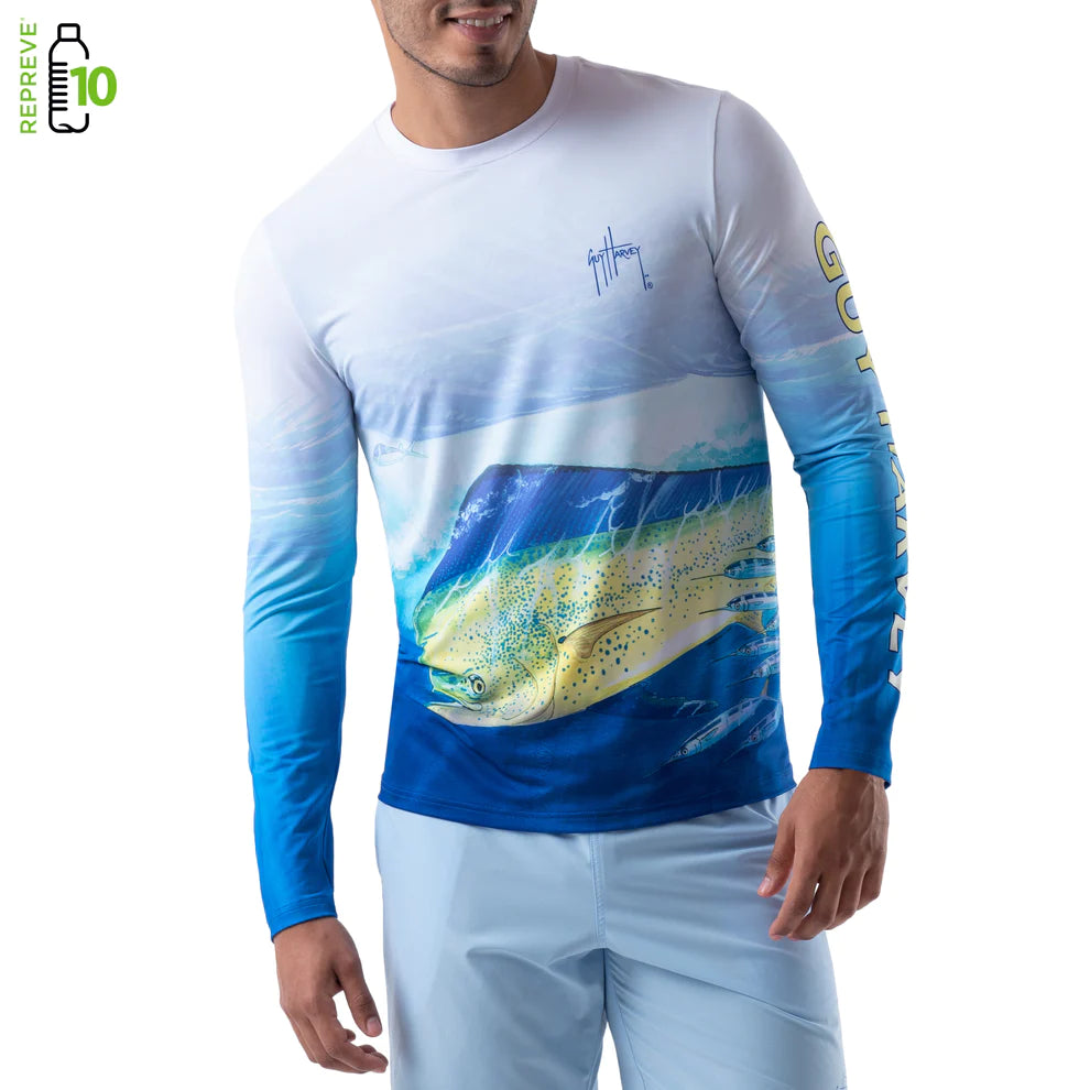 Fishing bait sealing clamp-Guy Harvey Men's Mahi Mahi Long Sleeve Sun Protection Shirt Bright White