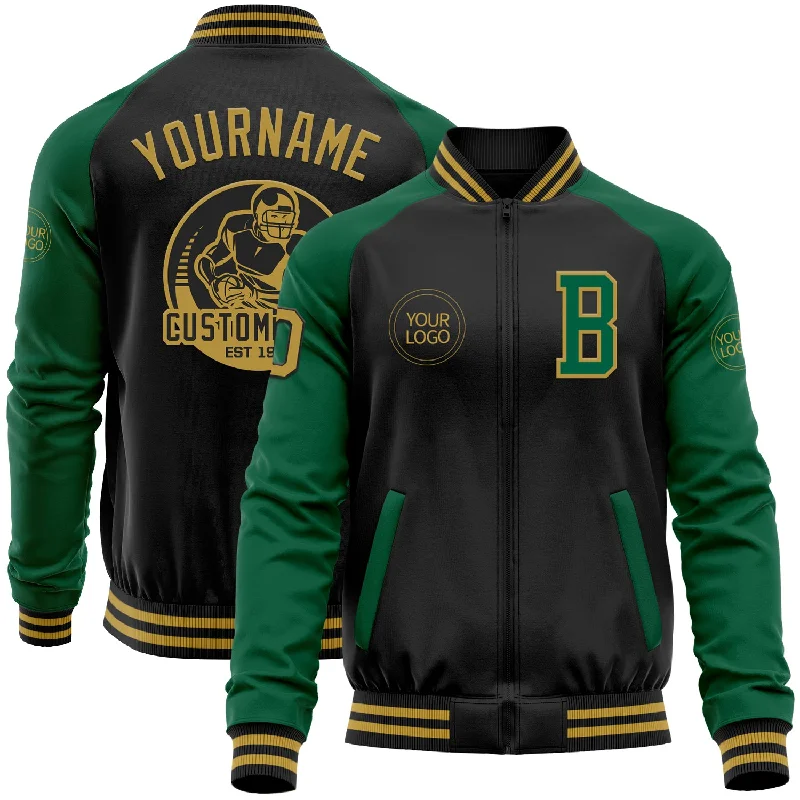 Fishing reel line rack-Custom Black Old Gold-Kelly Green Bomber Varsity Letterman Two Tone Zipper Jacket