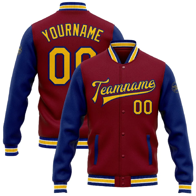 Fishing reel spool stand-Custom Crimson Yellow-Royal Bomber Full-Snap Varsity Letterman Two Tone Jacket