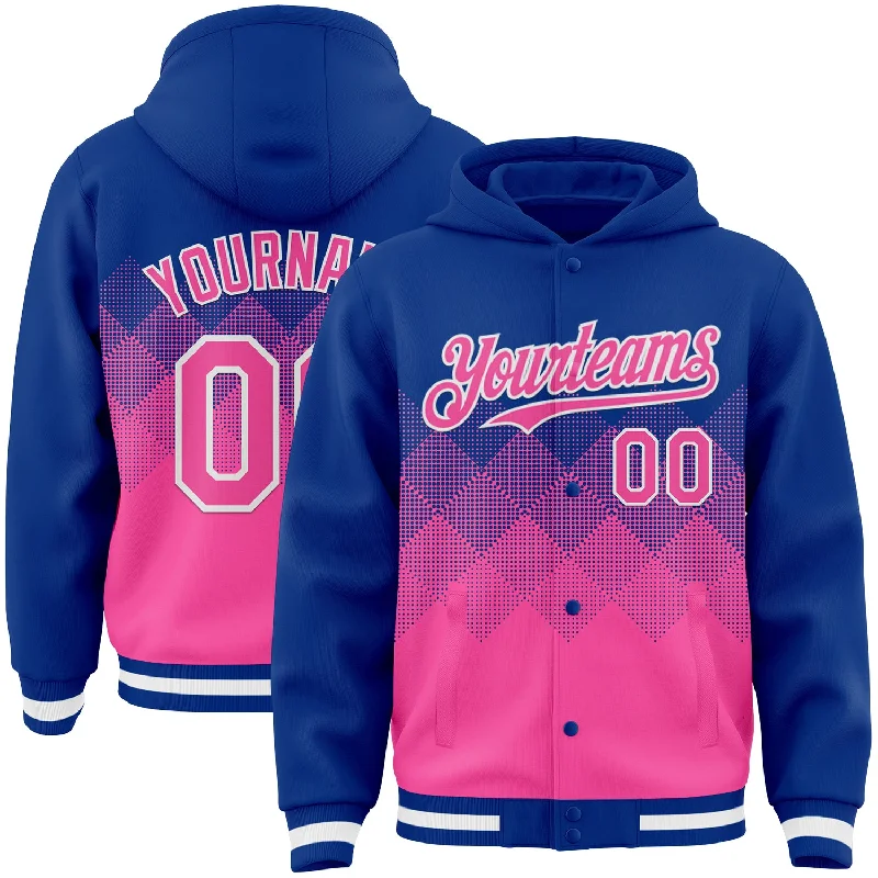 Fishing hook tension stand-Custom Royal Pink-White Gradient Square Shape 3D Pattern Design Bomber Full-Snap Varsity Letterman Hoodie Jacket