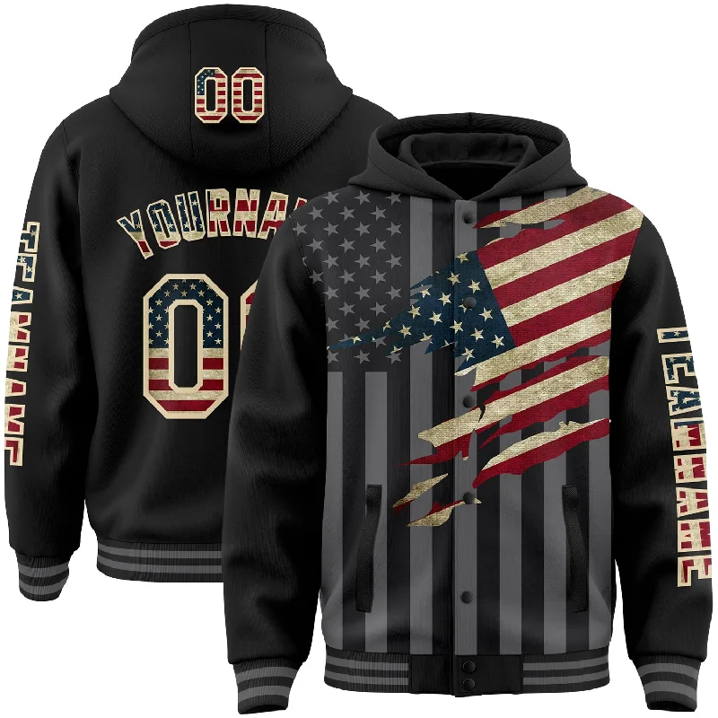 Fishing line splicing rack-Custom Black Vintage USA Flag Cream-Gray 3D Bomber Full-Snap Varsity Letterman Hoodie Jacket