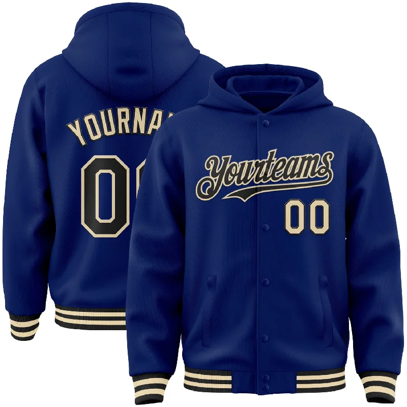 Fishing tackle compact stand-Custom Royal Black-Cream Bomber Full-Snap Varsity Letterman Hoodie Jacket