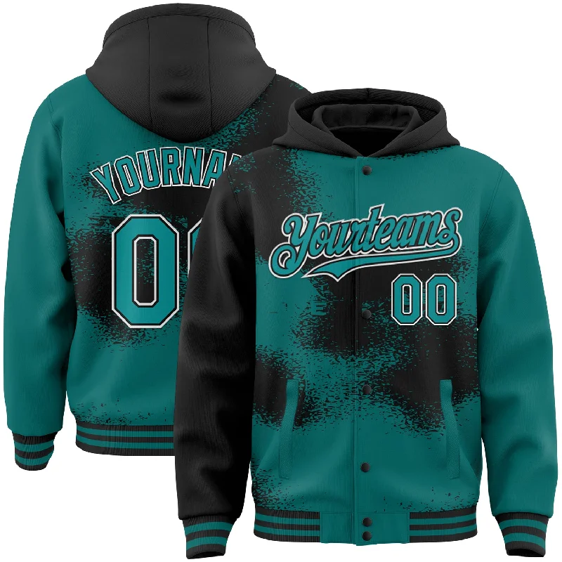 Fishing hook tension rack-Custom Teal Black-White Abstract Color Blocks Fragment Art 3D Pattern Design Bomber Full-Snap Varsity Letterman Hoodie Jacket