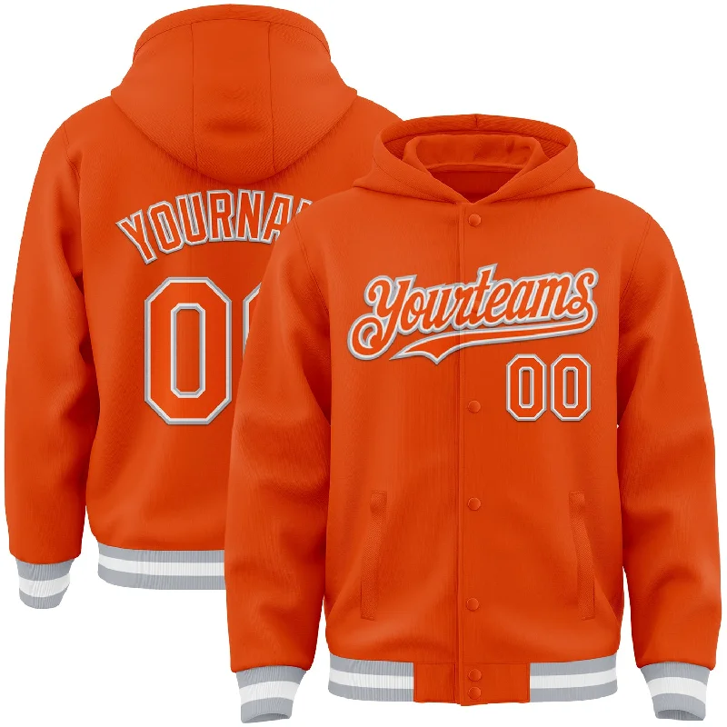 Fishing line twisting stand-Custom Orange White-Gray Bomber Full-Snap Varsity Letterman Hoodie Jacket