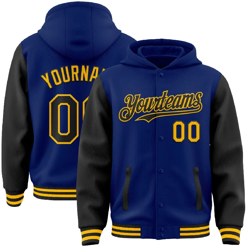 Fishing hook angle clamp-Custom Royal Black-Gold Bomber Full-Snap Varsity Letterman Two Tone Hoodie Jacket