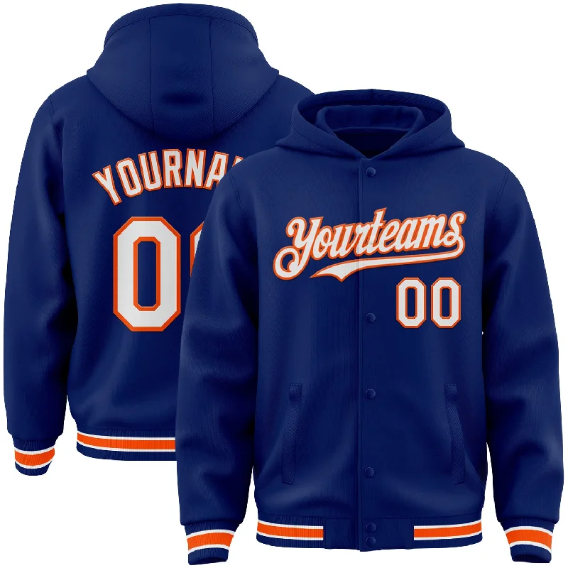 Fishing tackle stacking holder-Custom Royal White-Orange Bomber Full-Snap Varsity Letterman Hoodie Jacket