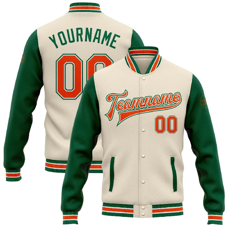 Fishing pliers with line clamp-Custom Cream Orange-Kelly Green Bomber Full-Snap Varsity Letterman Two Tone Jacket