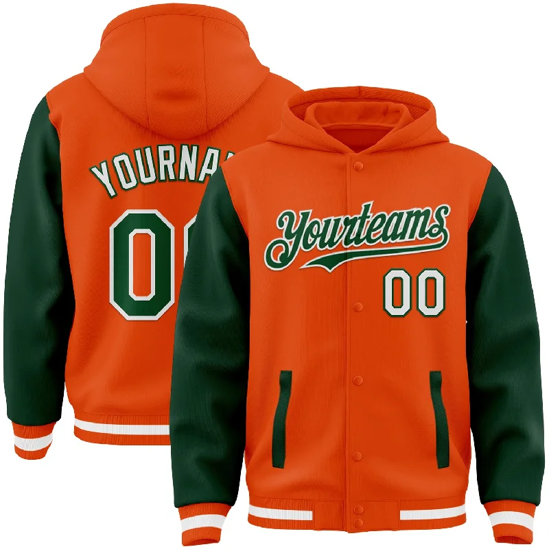 Fishing reel line stand-Custom Orange Green-White Bomber Full-Snap Varsity Letterman Two Tone Hoodie Jacket