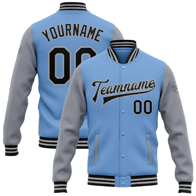 Fishing rod display stand-Custom Light Blue Black-Gray Bomber Full-Snap Varsity Letterman Two Tone Jacket