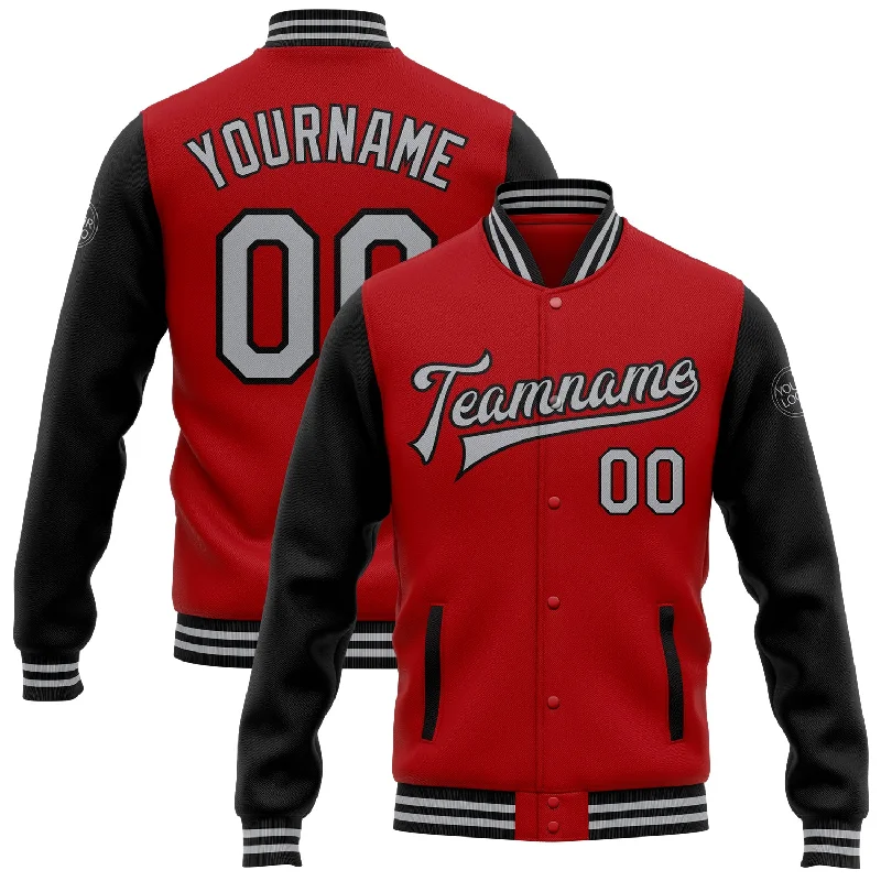 Fishing reel tension rack-Custom Red Gray-Black Bomber Full-Snap Varsity Letterman Two Tone Jacket