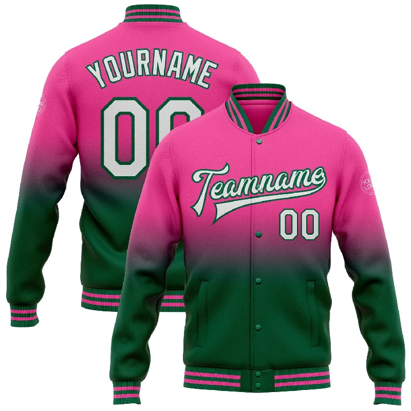 Fishing tackle stacking rack-Custom Pink White-Kelly Green Bomber Full-Snap Varsity Letterman Fade Fashion Jacket