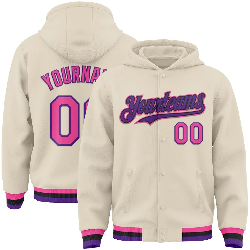 Fishing hook bending stand-Custom Cream Pink Purple-Black Bomber Full-Snap Varsity Letterman Hoodie Jacket