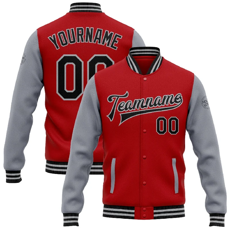 Fishing line braiding rack-Custom Red Black-Gray Bomber Full-Snap Varsity Letterman Two Tone Jacket