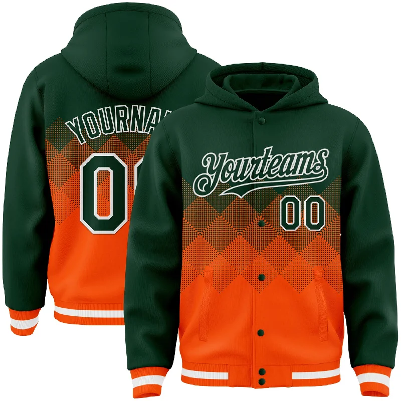 Fishing line splicing clamp-Custom Green Orange-White Gradient Square Shape 3D Pattern Design Bomber Full-Snap Varsity Letterman Hoodie Jacket