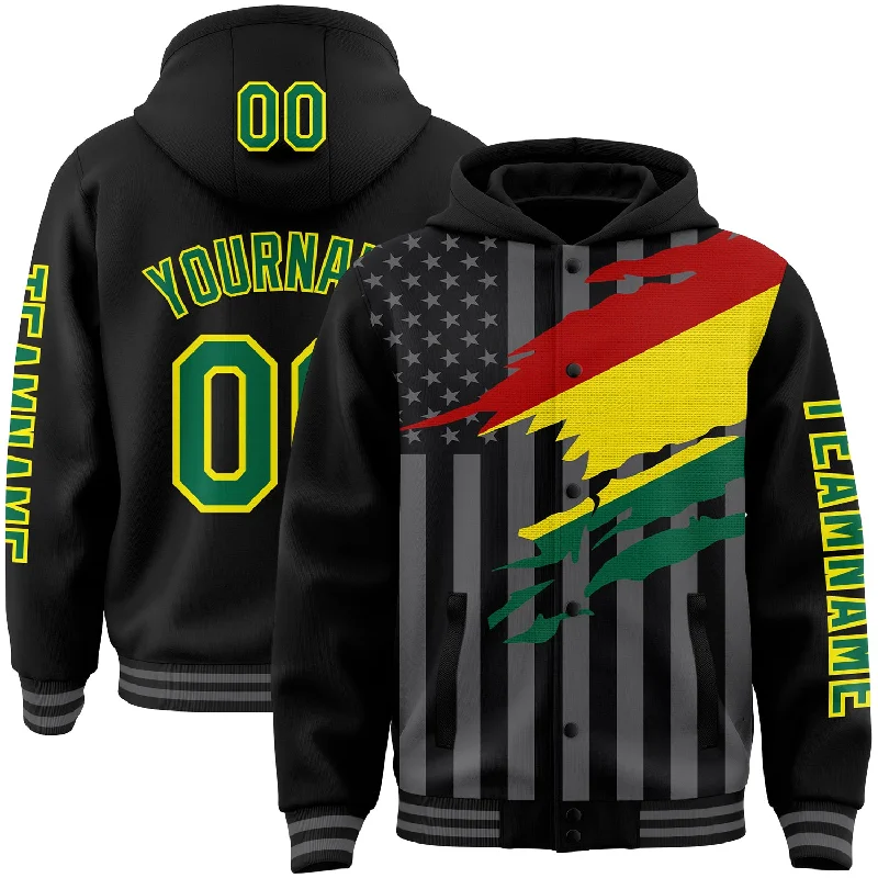 Fishing reel line clamp-Custom Black Kelly Green Light Yellow-Gray Bolivia Bolivian Flag 3D Bomber Full-Snap Varsity Letterman Hoodie Jacket