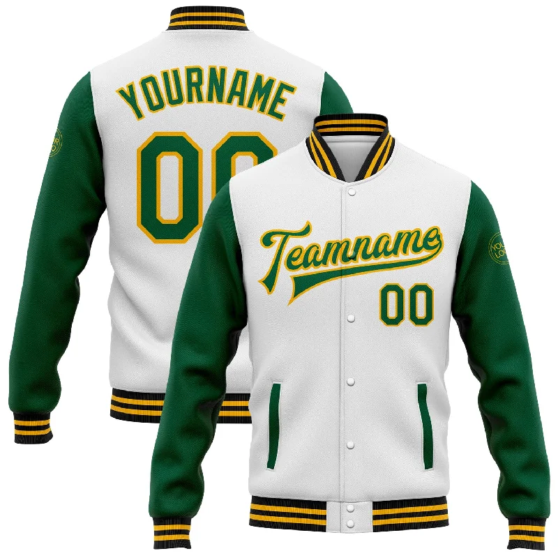 Fishing reel tension rack-Custom White Kelly Green Gold-Black Bomber Full-Snap Varsity Letterman Two Tone Jacket