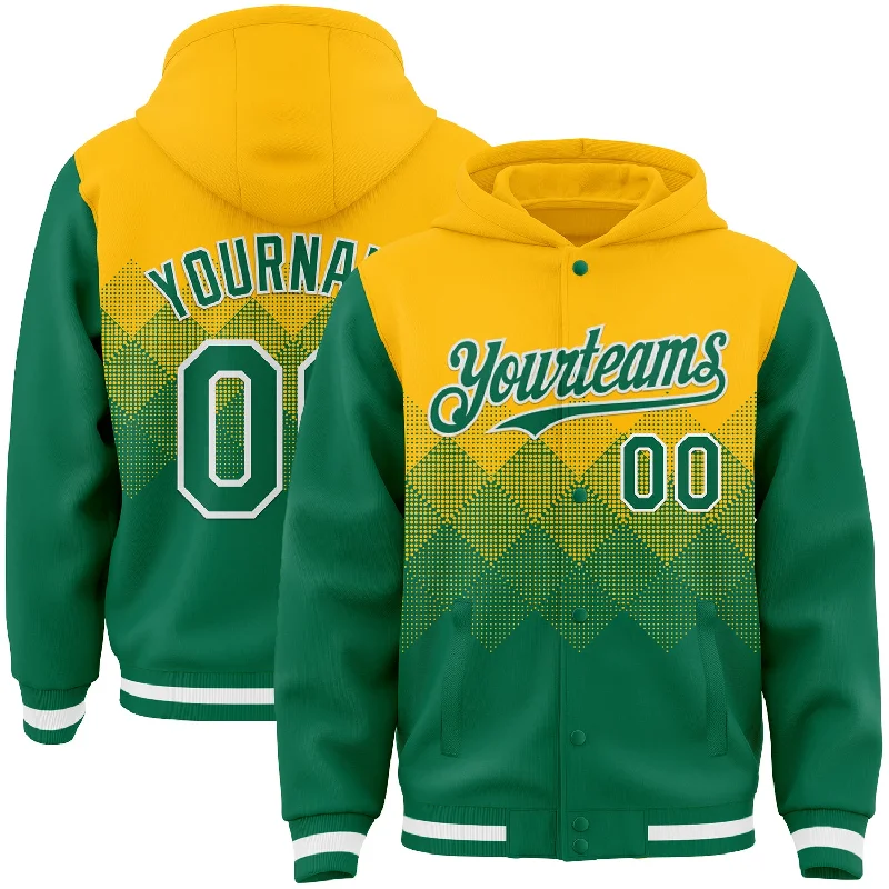 Fishing pliers with jaw rack-Custom Gold Kelly Green-White Gradient Square Shape 3D Pattern Design Bomber Full-Snap Varsity Letterman Hoodie Jacket